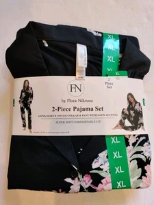 Flora Nikrooz Women's XL Black Floral Knit Satin Trim Button Long Slv Pajama Set - Picture 1 of 9