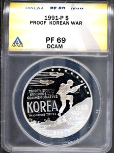 1991-P $1 Silver Korea War Dollar PF69DCAM ANACS # 7351531 + Bonus - Picture 1 of 2