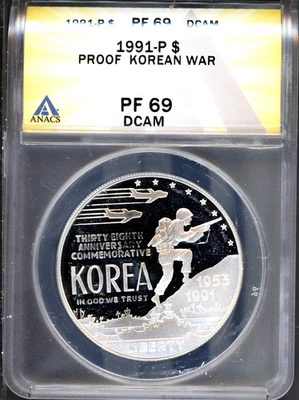 1991-P $1 Silver Korea War Dollar PF69DCAM ANACS # 7351531 + Bonus - Image 1 of 2