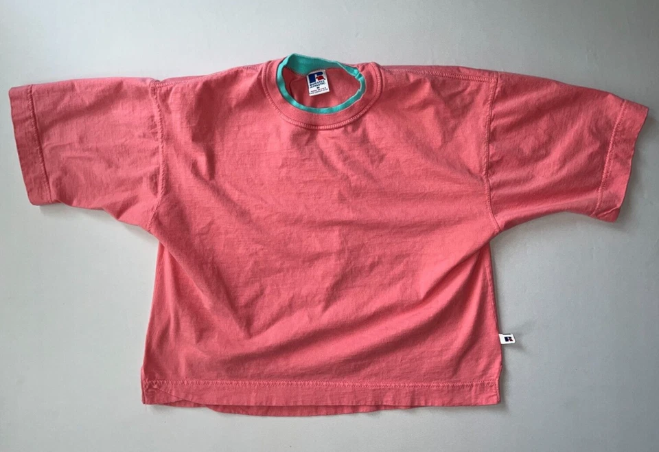 Vintage Russell Athletic Womens Sz M Barbie Style Crop Shirt 2 Collar Made USA - Image 1 of 4