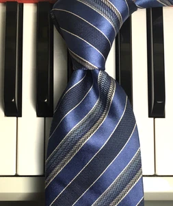 LUCIANO GATTI - PLATINUM / Big Business Blue Ribbon Repp Stripe Italian Silk Tie - Picture 1 of 8