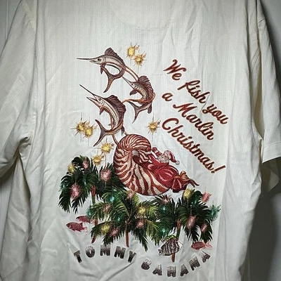 Tommy Bahama Hawaiian Silk We Fish You A Marlin Xmas Embroidered Shirt Men’s LG - Image 1 of 4