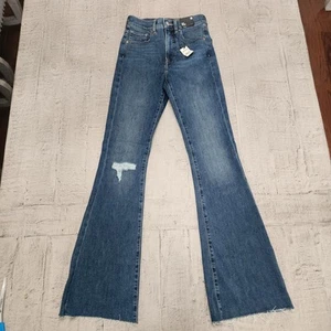 Express Flare High Rise Supersoft Jeans Size 0 Blue Raw Hem Denim Distressed - Picture 1 of 12