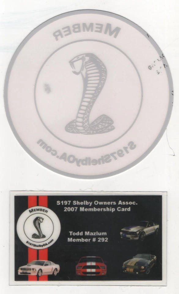 S197 Carroll Shelby Ford Mustang GT Cobra Ventana Adhesivo Calcomanía 4" + Tarjeta de Miembro Foto 1 de 1