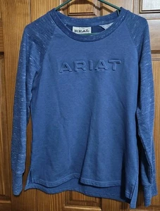 ARIAT REAL Logo Crew Top Womens Size Small Blue Heather Raised Spellout Logo - Picture 1 of 9