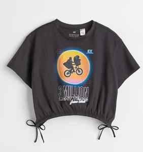 80s Theme H&M Girl’s Sz 12 E.T. The Extra Terrestrial Black Drawstring Crop Tee - Picture 1 of 5