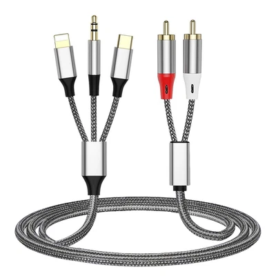 3-In-1 AUX Auf Cinch Kabel Für Iphone, USB C, 3.5Mm Und Lightnning Auf 2 RCA Aud - Bild 1 von 4