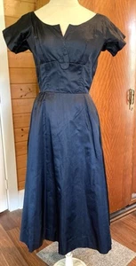 Vintage 1950s black satin fit flare party dress, cocktail dress B 36 - Picture 1 of 8