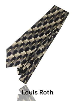 Шелковый галстук Louis Roth, 57 дюймов x 4 дюйма, серый/черный/синий ар-деко. OB-4 - Изображение 1 из 4