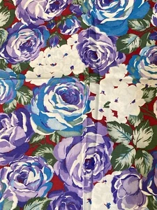 Cotton Fabric Large Roses Purple Blue White Flowers on Dark Red 1/2Y x 42" Width - Picture 1 of 3