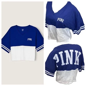 VS VICTORIAS SECRET PINK VARSITY SHORT SLEEVE CROP V NECK TEE TOP BLUE XXL - Picture 1 of 6