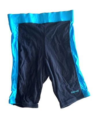 PANTALONES CORTOS AERÓBICOS VINTAGE AÑOS 80 REEBOK SPORT NEGRO AZUL NEÓN CINTURA ALTA PARA MUJER MEDIANOS Foto 1 de 3