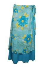 Blue Floral Bohemian Wrap Skirt Printed Sari Double Layer Reversible Dress