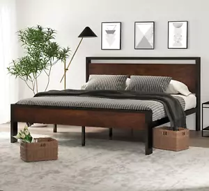 14 Inch King Size Metal Platform Bed Frame with Wooden Headboard and Footboard, - Picture 1 of 9