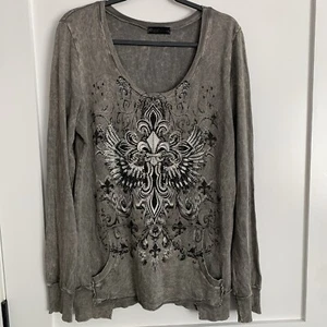 Gesang Shirt Damen XL grau Langarm Flügel Kreuz Glitzer gerippt Gothic Biker - Bild 1 von 6