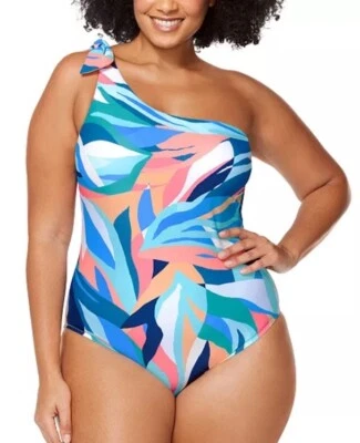 Traje de baño de una pieza Raisins Curve Marita talla grande 24W azul rosa un hombro NUEVO Foto 1 de 4