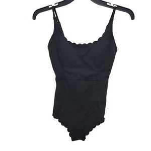 H&M Women's Solid Black Scalloped Edges Basic One Piece Swimsuit Size XS - Picture 1 of 7