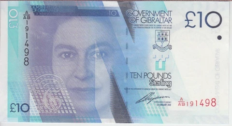 Gibraltar Banknote P36 10 Pounds 2010 Prefix A/AB QE II, UNC               2001 Cover