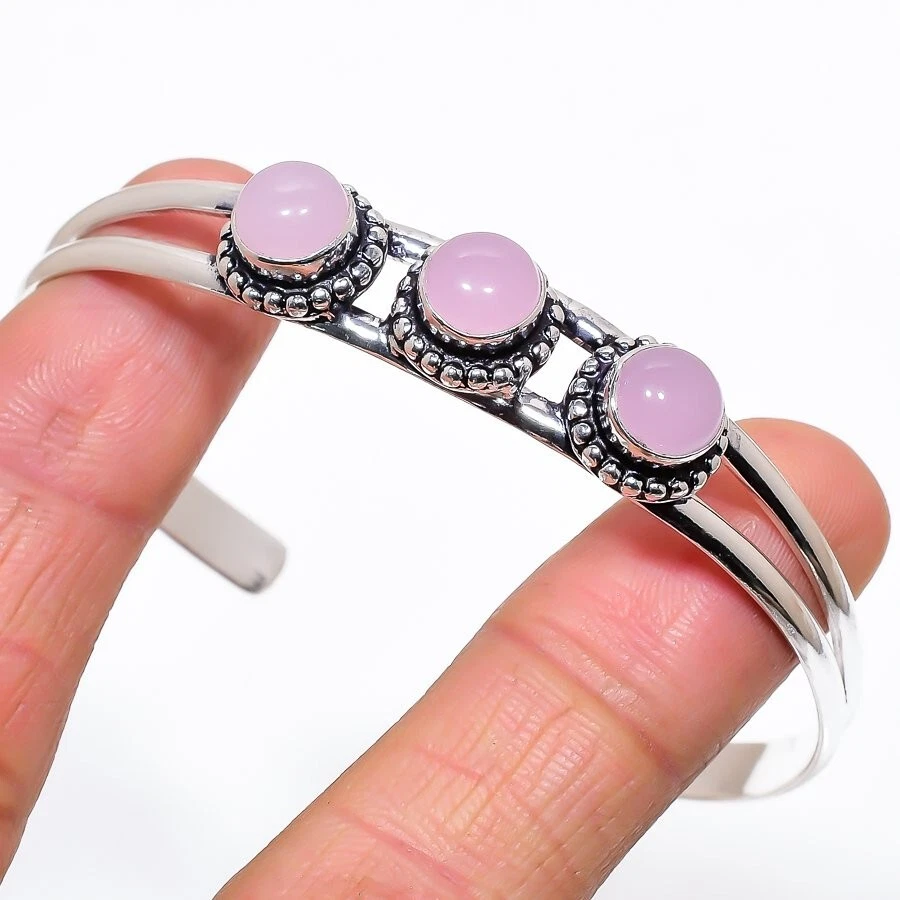 Brazalete ajustable de cuarzo rosa con piedras preciosas de plata de ley 925 Foto 1 de 1