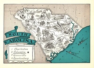 1930s Antique South Carolina State Map RARE Animated Picture Map BLU 1064 - Picture 1 of 3