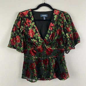 ModCloth Happy Holly-Days Peplum Top Blouse Size M Floral Velvet Smocked Waist - Picture 1 of 10