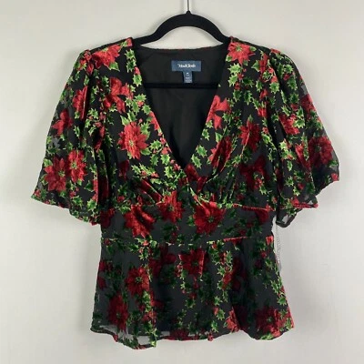 ModCloth Happy Holly-Days Peplum Top Blouse Size M Floral Velvet Smocked Waist - Image 1 of 4