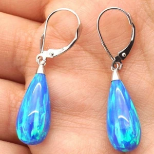 14K White Gold Tear Drop Shaped Blue Opal Leverback Dangle Earrings 1.5" - Picture 1 of 5