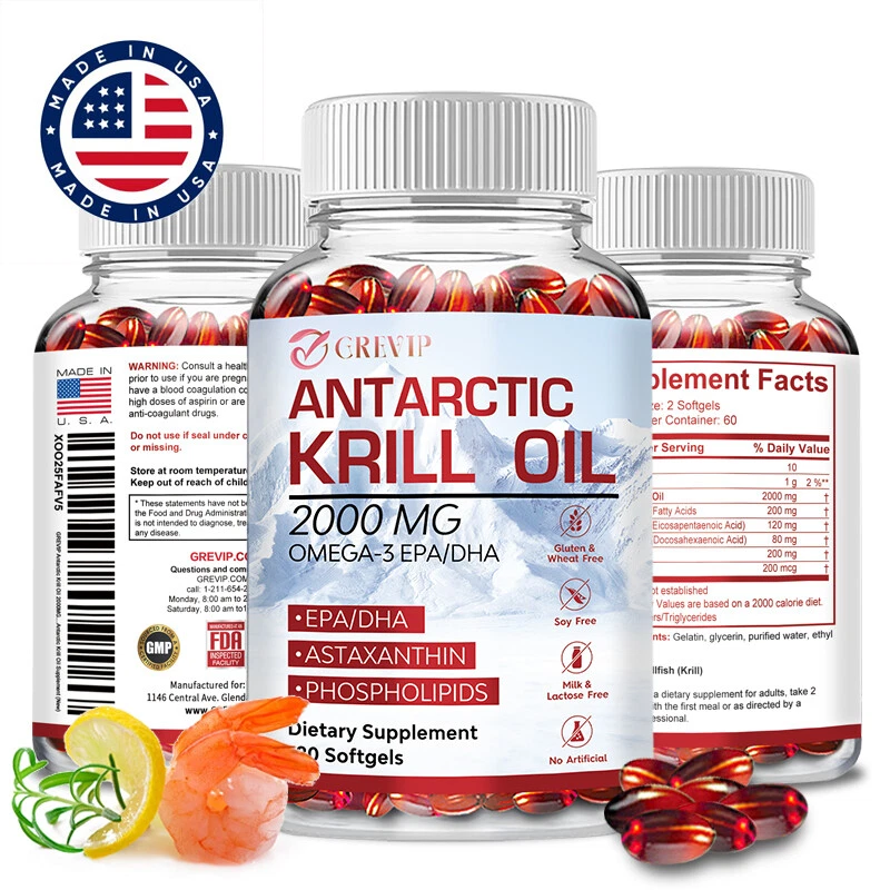 GREVIP Aceite de Krill Antártico -Omega 3 EPA, DHA, Astaxantina- Salud Cerebral, Articulaciones y Corazón