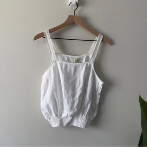 Joie 100% Linen White Smocked Waist Tank Top Sleeveless lace straps button side - Picture 1 of 16