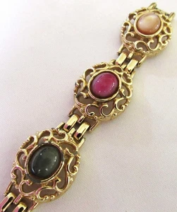 Vintage Signed Emmons Gold Tone Multi Color Cabochon Bracelet - Picture 1 of 5