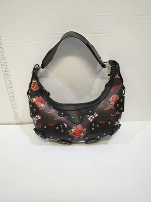 Black Ed Hardy Skull Rose Hearts Tattoo print Shoulder bag Purse Studded NEW - Image 1 of 4