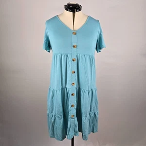 Kojooin Dress Women's Large Blue Ruffle Tiered Short Sleeve Button Detail VNeck - Picture 1 of 14