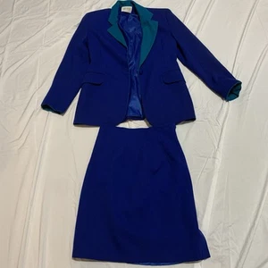 Hugo Buscati Milano Womans Skirt Suit Blue Teal Size 4 100% Wool Vintage - Picture 1 of 17