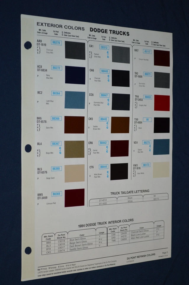 Dodge Truck 1984 exterior color astillas/códigos hoja gráfico 84 D100 D150 D25 Foto 1 de 2