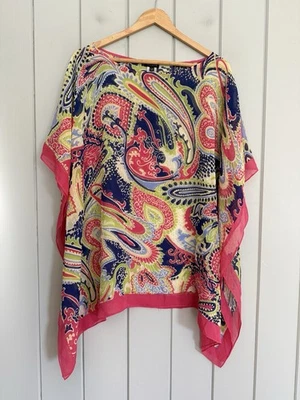 Poncho Talbots Ruana L/XL 100% Seda Rosa Azul Paisley Cuello Barco Transparente Foto 1 de 4