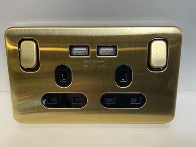 Schneider Lisse Switched Socket USB Satin Brass Black Int GGBL30202USBABSBS - Image 1 of 2