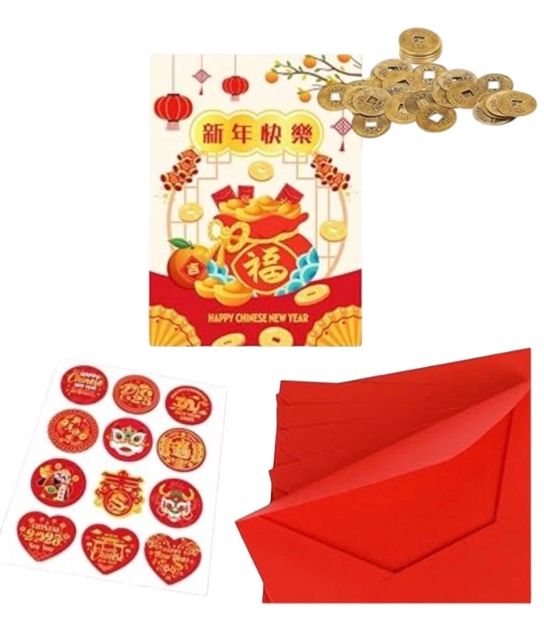 Tarjetas de felicitación de año nuevo chino 6 piezas con sobres rojos monedas de la suerte chinas Foto 1 de 1