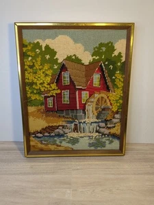 Vintage gerahmte Nadelspitze Herbst Mühle Kunst Wasserrad Szene 15x12" MCM Bild - Bild 1 von 6