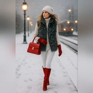 Maglione Romeo & Giulietta Couture taglia L grigio fantasia pelliccia sintetica zip gilet misto angora - Foto 1 di 9