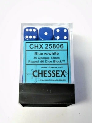 Chessex кости блок 36 непрозрачный 12 мм Pipped d6 кости новый синий с белый CHX25806 - Изображение 1 из 2