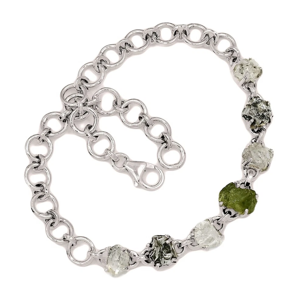 Natural Genuine Czech Moldavite & Herkimer Diamond 925 Silver Bracelet SB17439 - Image 1 of 1