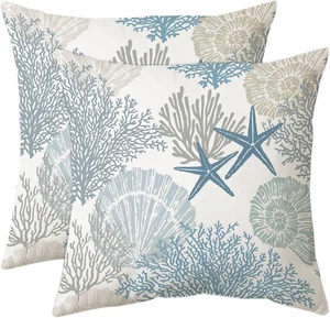 Nautical Coastal Throw Pillow Covers 16"X16"  Set of 2 Beach Themed Ocean Blue - Picture 1 of 7