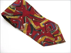 DECOURS Neck TIE RED Geometrical YELLOW 100% Silk Hand Made in Italy Necktie - Picture 1 of 6