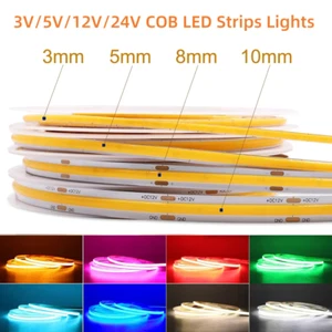 LED Strip Lights 3V 5V 12V 24V COB High Density Flexible Tape Cabinet Kitchen - Picture 1 of 25