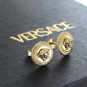 SALE VERSACE Pierced Earrings BIGGIE Stud Medusa Head Motif Circle Gold NEW - Picture 1 of 9