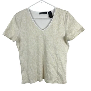 Liz Claiborne Women's Tee Size L Beige V-Neck Paisley Short Sleeve - Picture 1 of 4