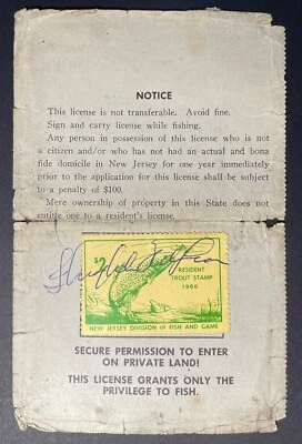 New Jersey 1966 Resident Fishing License #19683 - used - w/Trout Stamp - NJ - Image 1 of 2