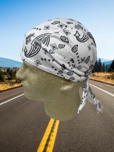 Headwrap Durag Cap Doo Rag Moisture Wicking Vented Biker White Paisley Biker - Picture 1 of 7