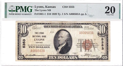 $10 1929 T1 National 🇺🇸 LYONS Kansas KS 🇺🇸 Extremely Rare! 🇺🇸 6 on Census! - Image 1 of 2