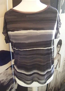 Grey Stripe Vest Top Ladies ADRIENNE VITTADINI Rolled Cuff Casual Black Tee - M - Picture 1 of 7